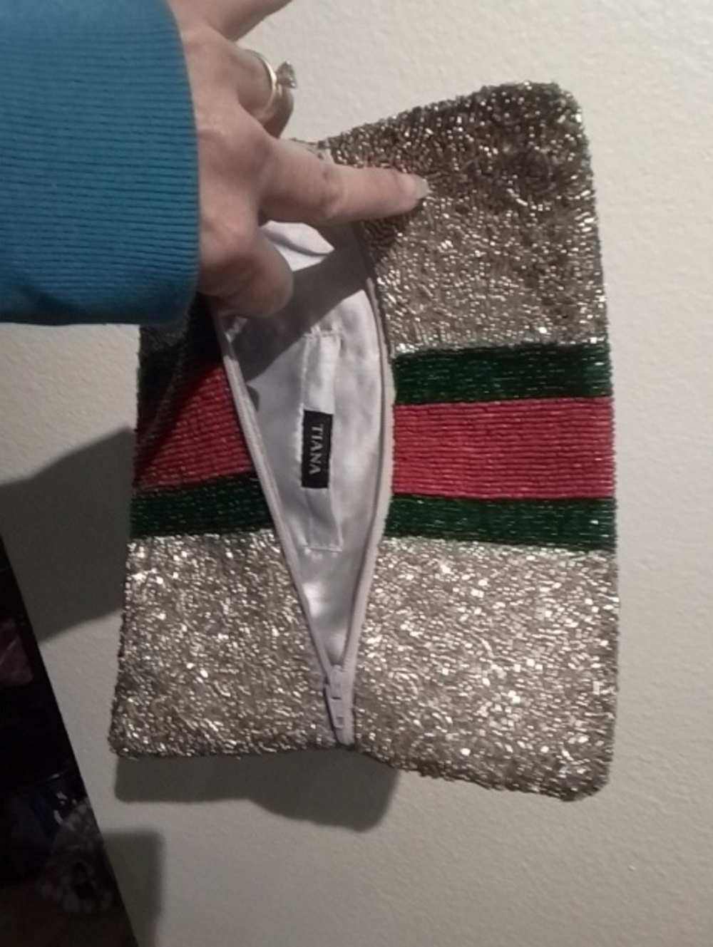 Tiana Hand Beaded Metallic Silver Clutch Bag Green Red Silver - Picture 6 of 12